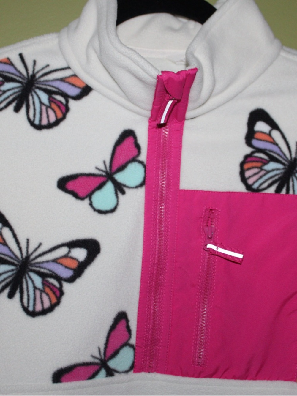 Old Navy White Fleece Teddy Jacket with Pink Accent & Butterfly Print